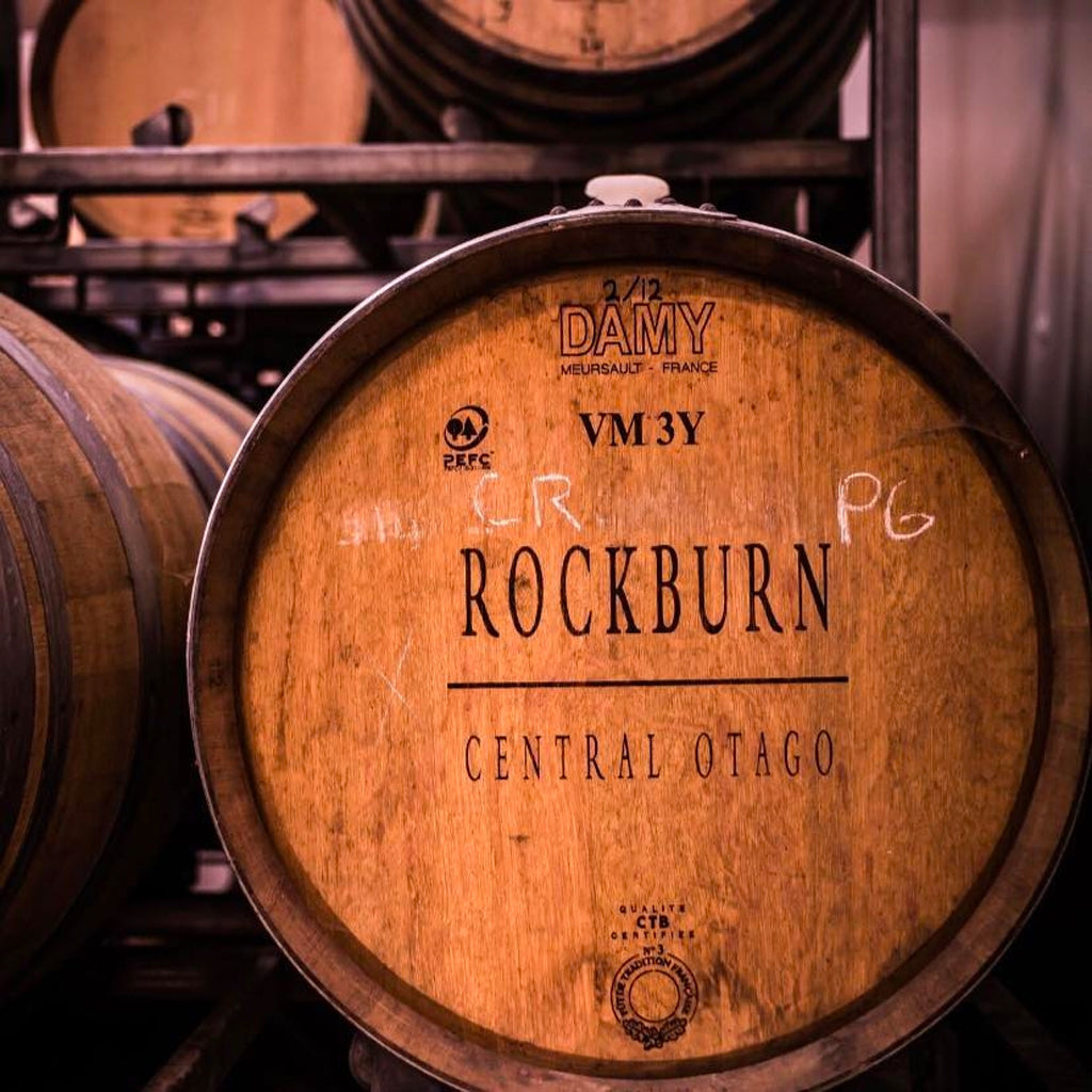 Wine barrel with Rockburn, Central Otago stamped on the end