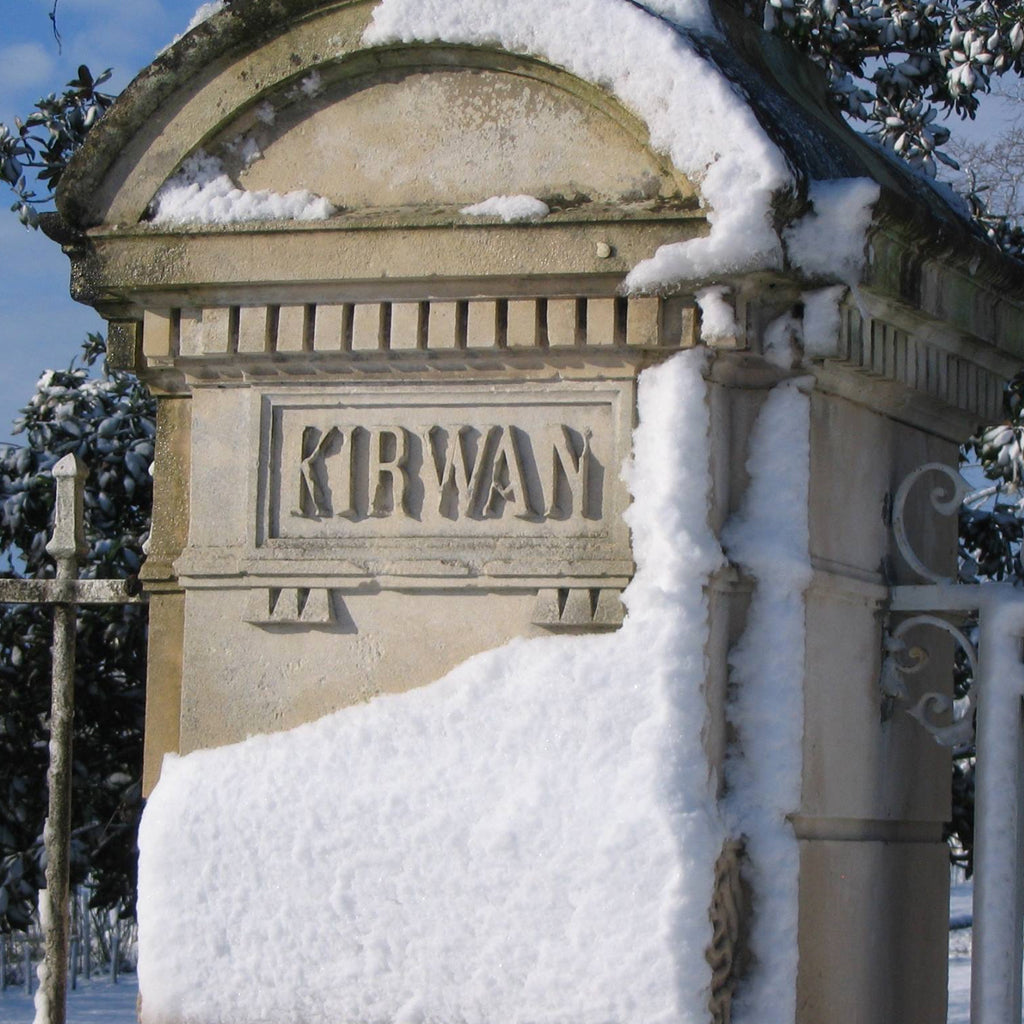 Château Kirwan Entrance Gatepost Covered in Snow