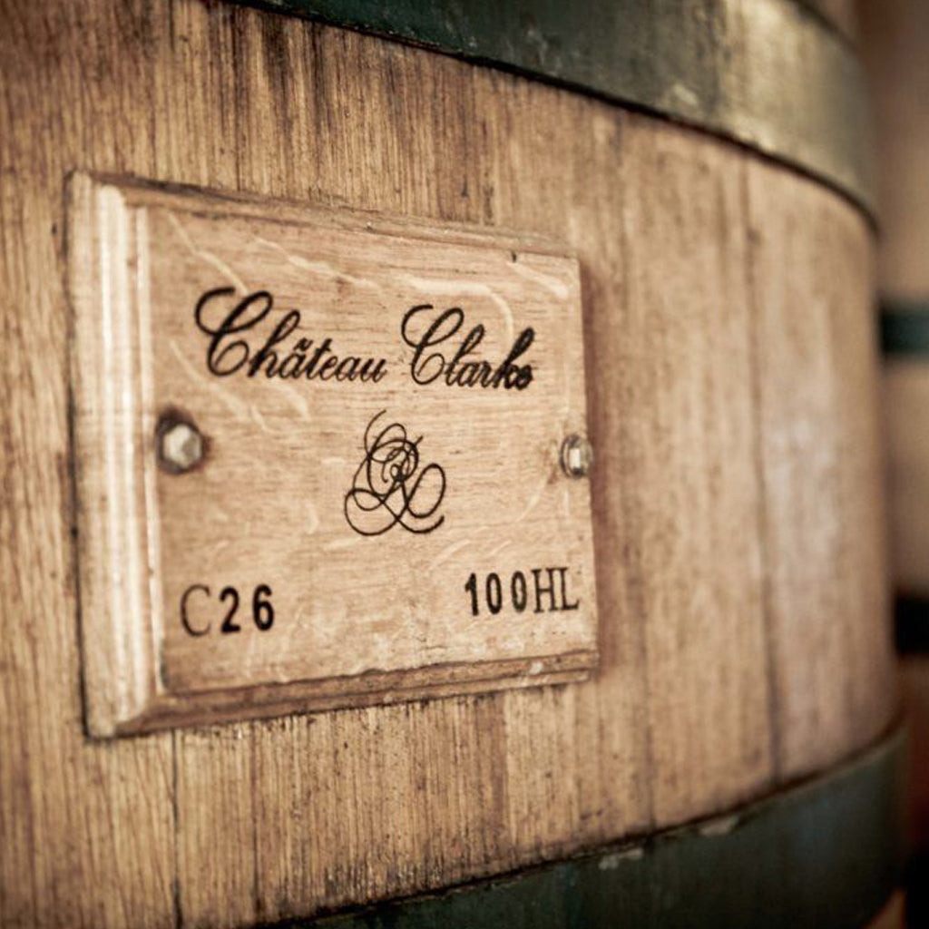 Château Clarke Marker Plaque on Oak Barrel