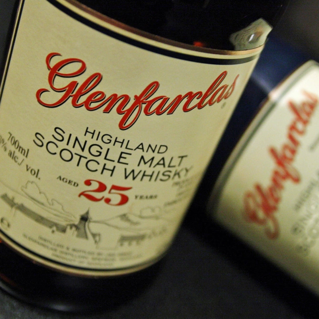 Close up image of a Glenfarclas 25 Year Old Highland Single Malt Scotch Whisky Bottle