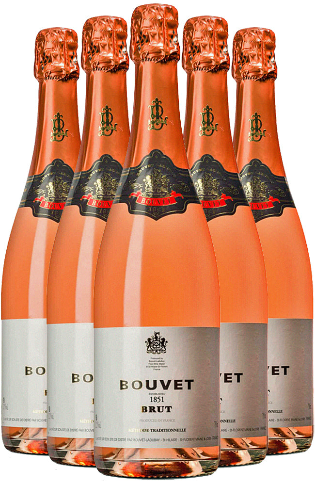 Six bottles of Bouvet Ladubay 1851 Rosé Brut NV on a white background