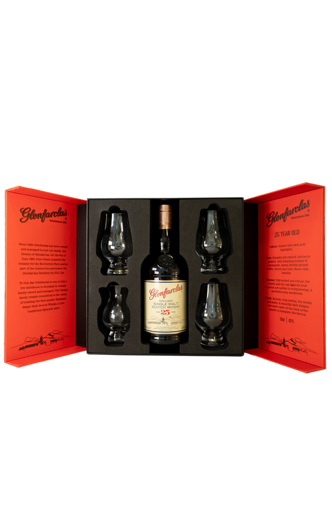 Glenfarclas 25 Year Old Highland Single Malt Scotch Whisky Gift Box with Glencairn Glasses & Water Jug