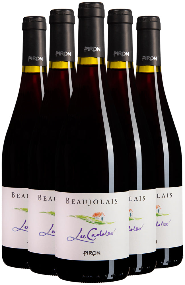 Six bottles of Maison Piron Beaujolais Les Cadoles Red Wine on a White Background