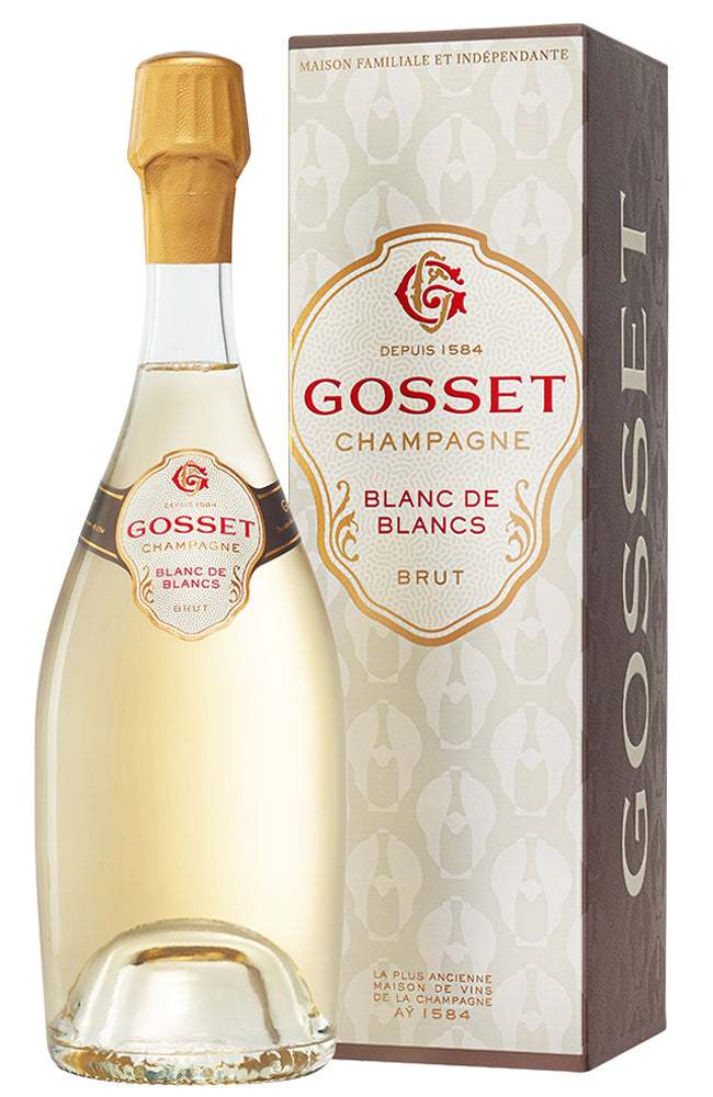 Gosset Champagne Blanc de Blancs Brut bottle and packaging on a white background