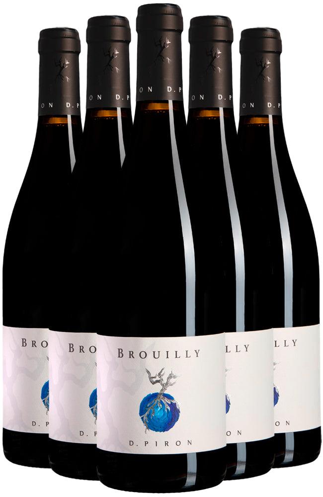 6 bottles of Maison Piron Brouilly Cru Beaujolais Red Wine on a white background.