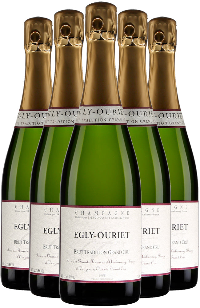 5 Bottles of Champagne Egly Ouriet Tradition Grand Cru Brut NV on a white background