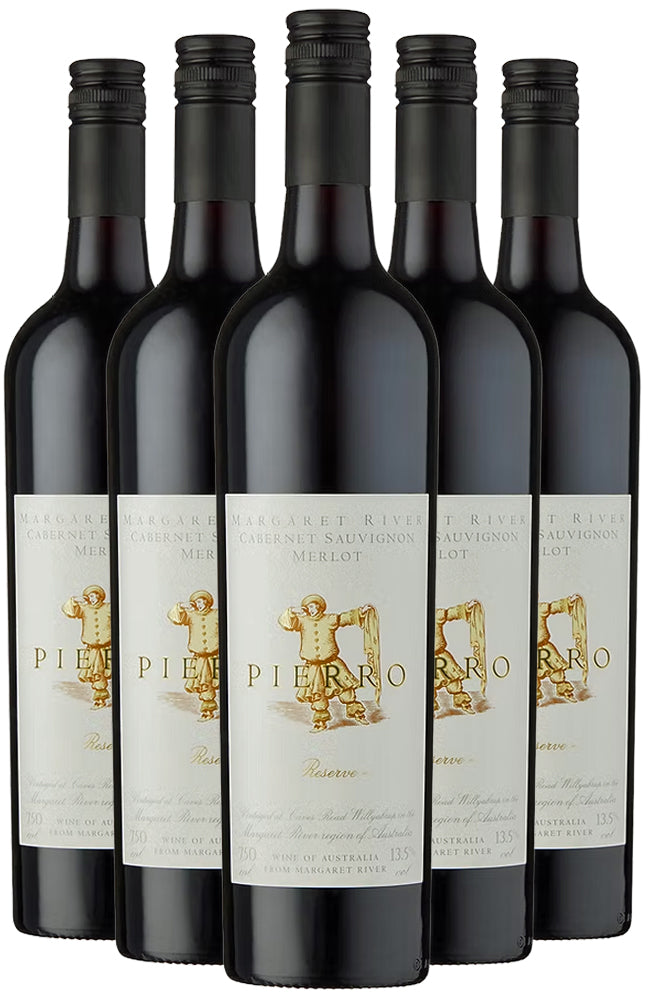 Six bottles of Pierro Margaret River Cabernet Sauvignon Merlot Reserve wine on a white background.