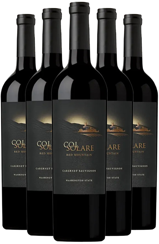 Six bottles of Col Solare Red Mountain Cabernet Sauvignon wine on a white background