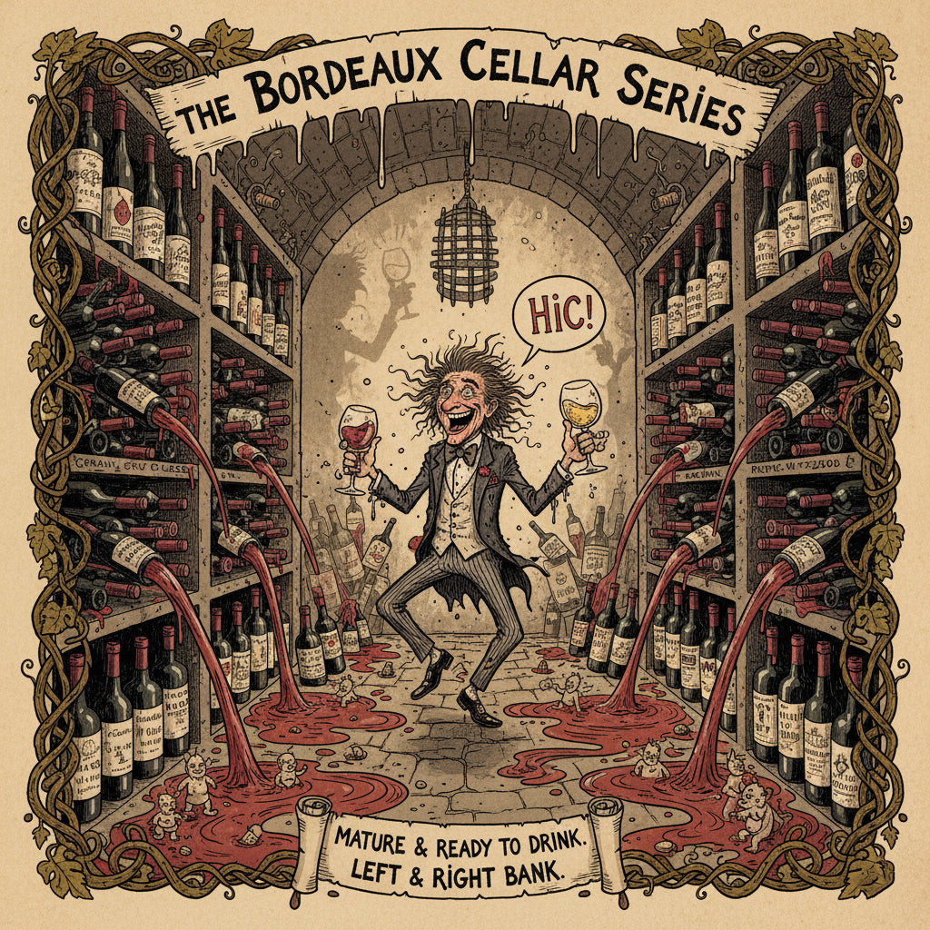 Illustration of a man in a wine cellar with bottles spilling red liquid, labeled 'The Bordeaux Cellar Series'.