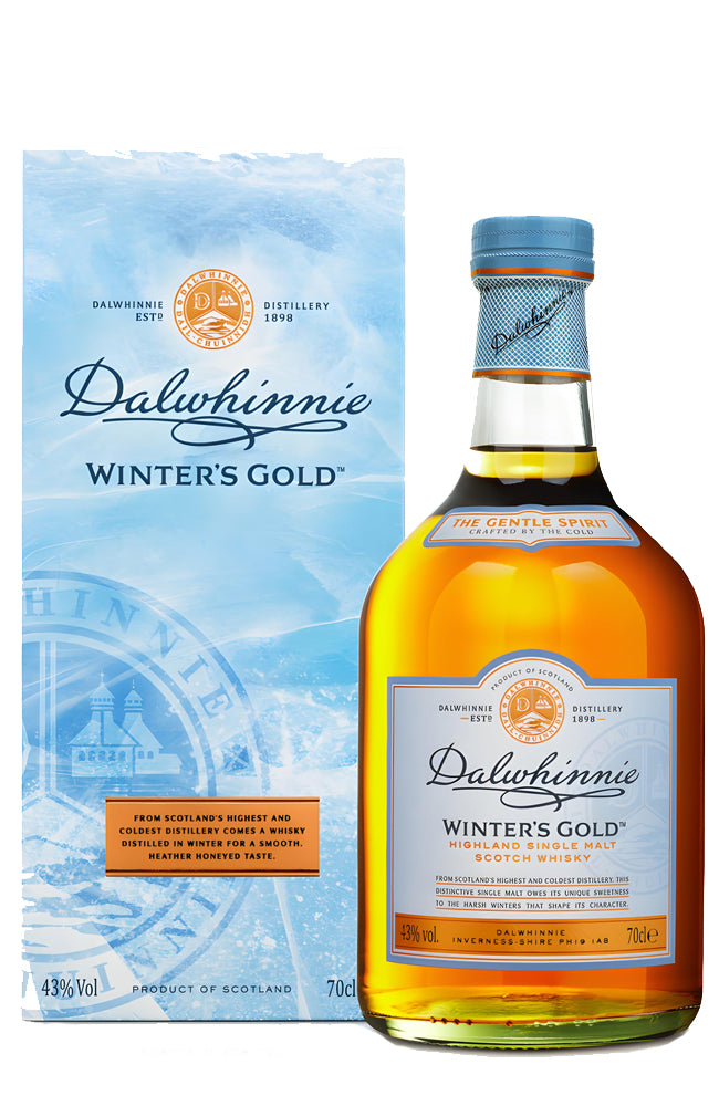 Dalwhinnie Winter's Gold whisky bottle and packaging on a white background