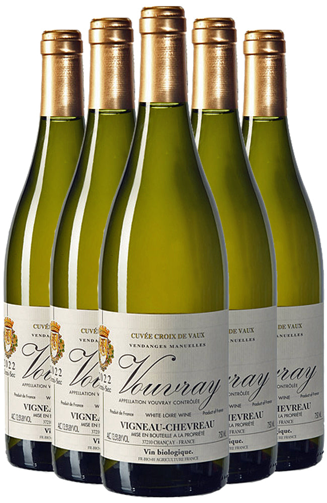 6 bottles Vigneau-Chevreau Vouvray Demi-Sec 'La Croix de Vaux' White Wine Bottle on a white background