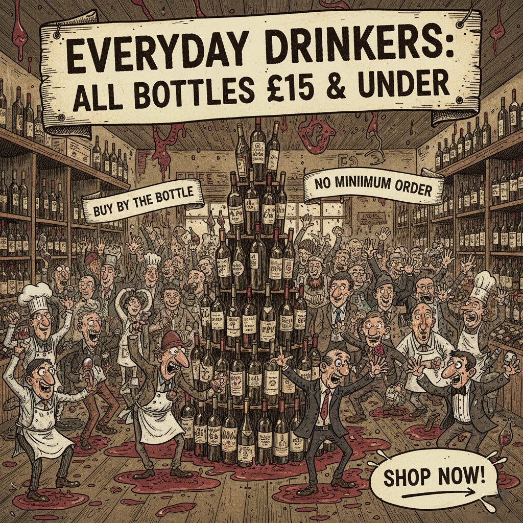 Cartoon-style illustration of a crowded wine shop with bottles and people, featuring a sale sign for drinks under £15.
