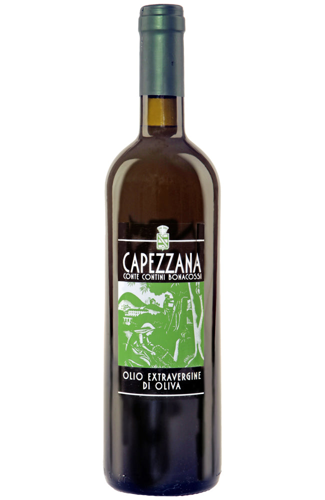 Bottle of Capezzana olive oil on a white background