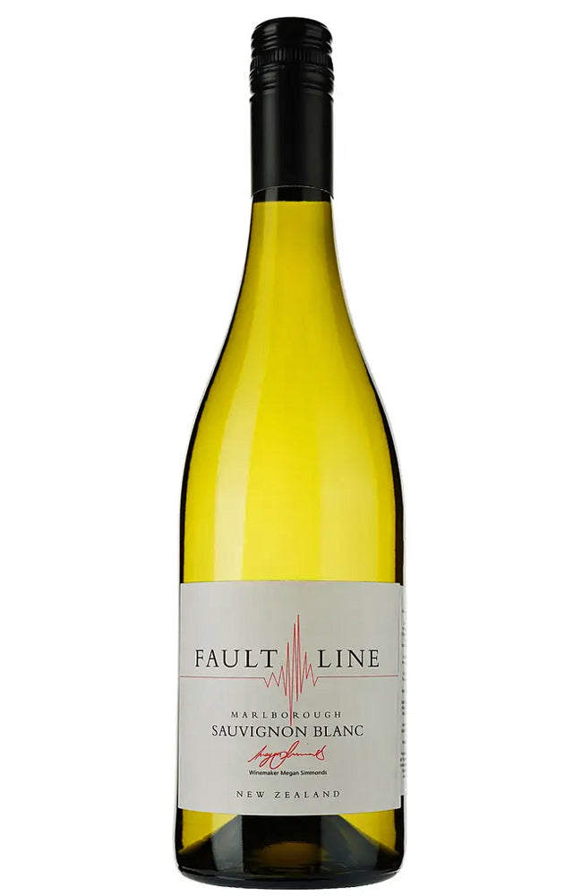 Bottle of Fault Line Sauvignon Blanc wine on a white background