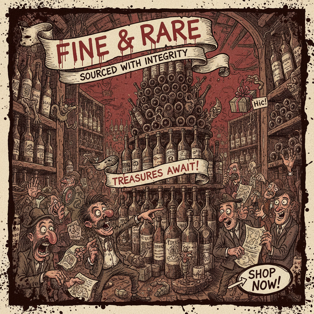 Cartoon illustration of a vintage-style wine shop with people and bottles, featuring 'Fine & Rare' branding.