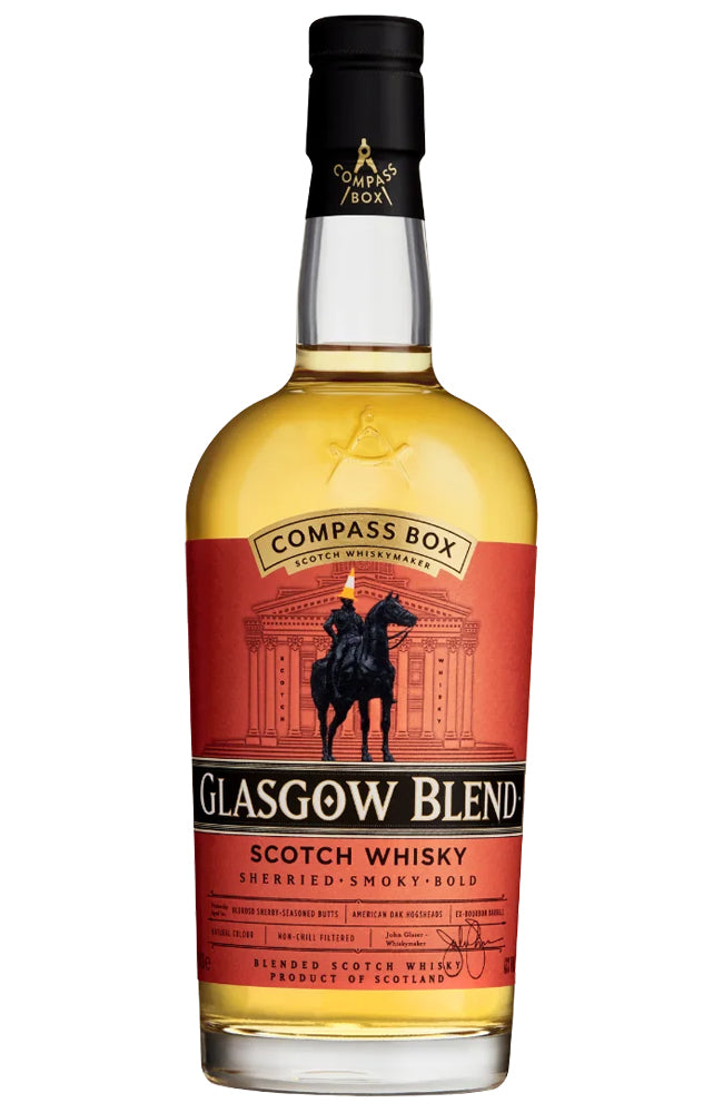 Bottle of Compass Box Glasgow Blend Scotch Whisky on a white background