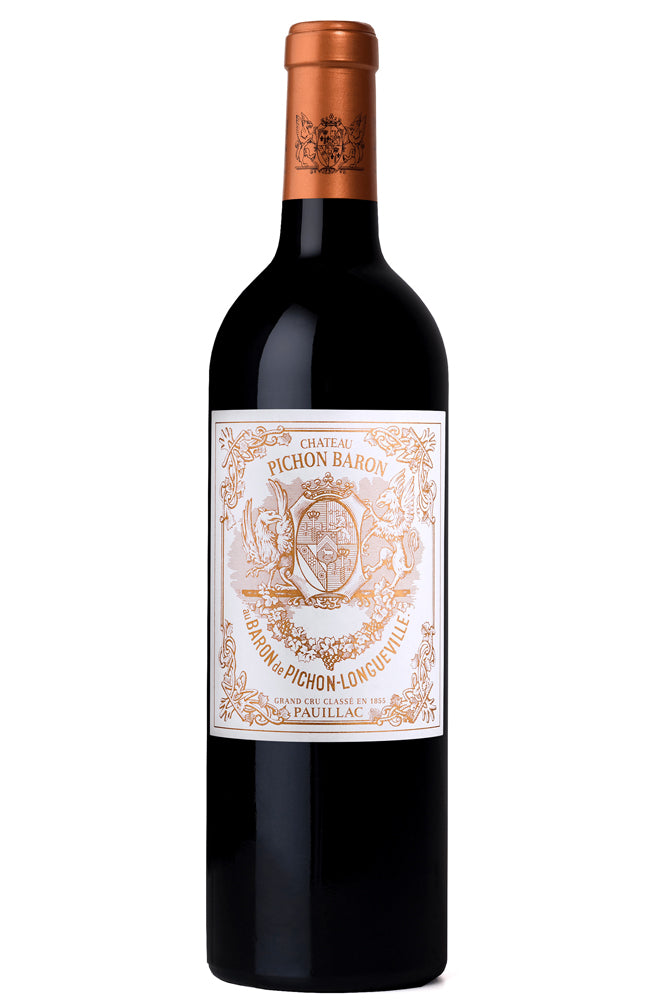 Bottle of Château Pichon Baron wine on a white background