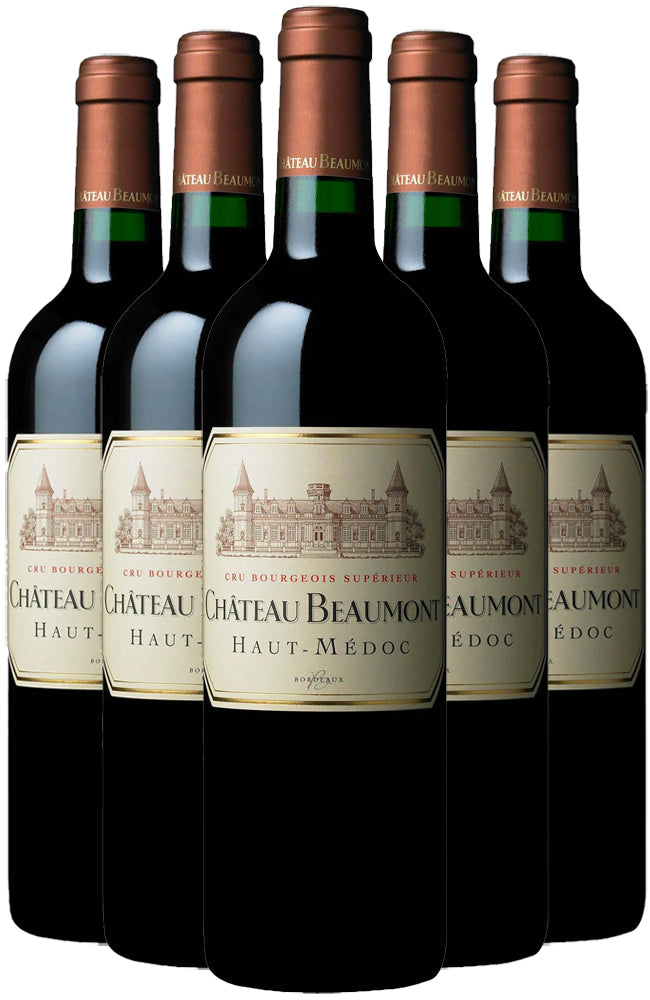 Six bottles of Chateau Beaumonde Haut Medoc wine arranged in a row on a white background.