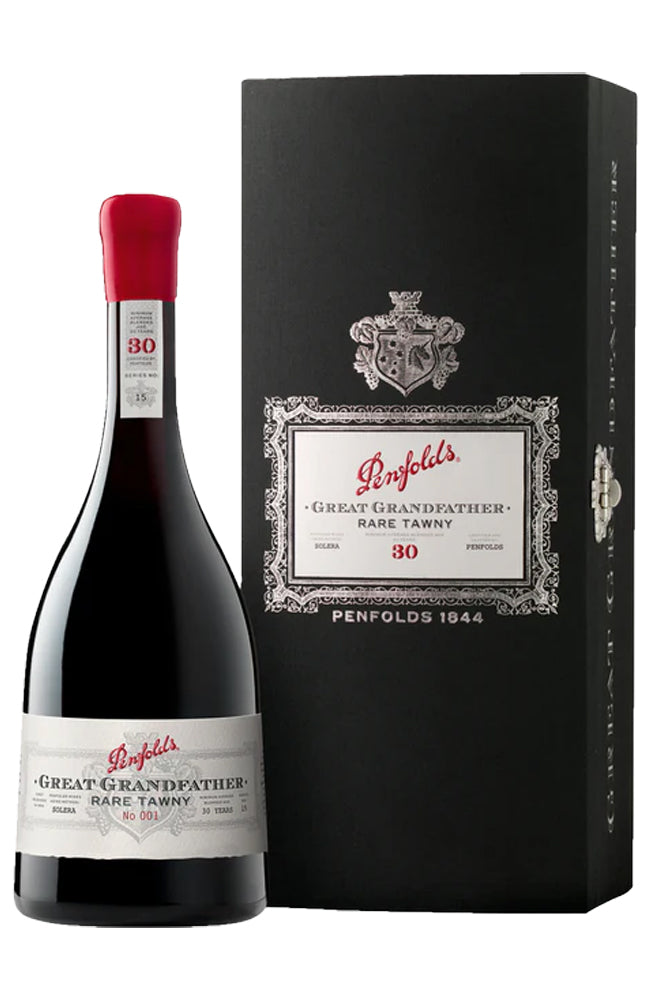 Penfolds Great Grandfather Rare Tawny 30 Year Old wine bottle and Gift Box on a white background.