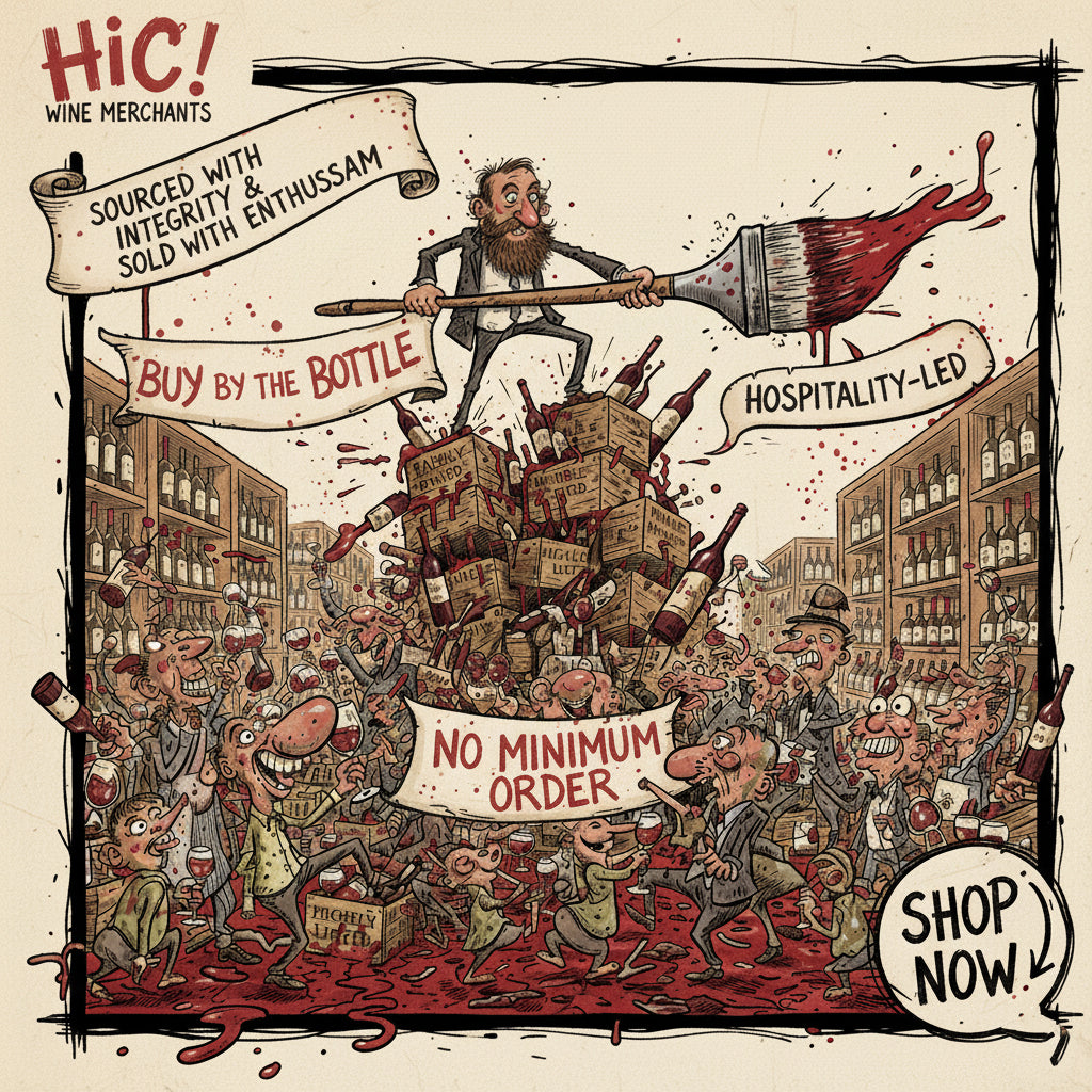 Cartoon-style advertisement for HIC! Wine Merchants with a busy in store scene and wine bottles.