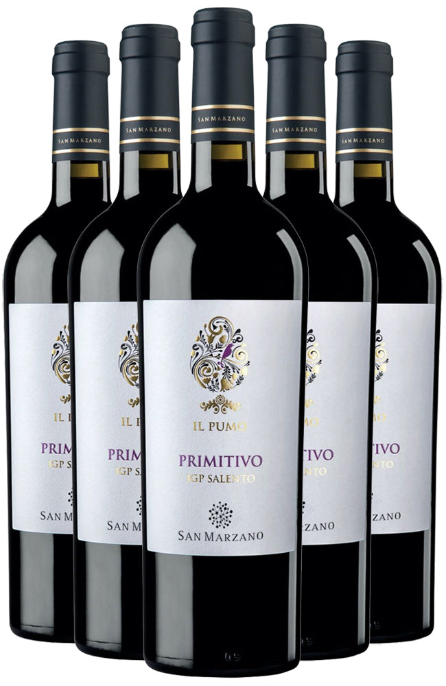 Six bottles of Il Pumarola Primitivo di Salento wine on a white background