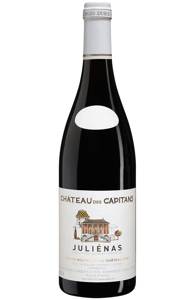 Wine bottle labeled 'Château des Capitans Juliénas' on a white background