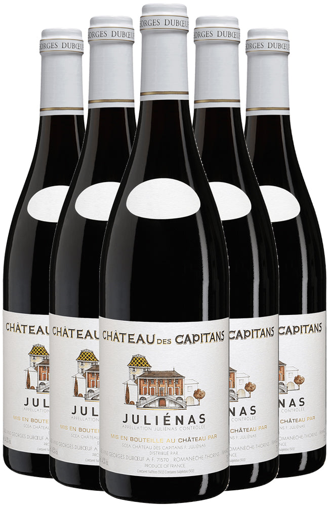Six bottles of Château des Capitans Juliénas wine on a white background