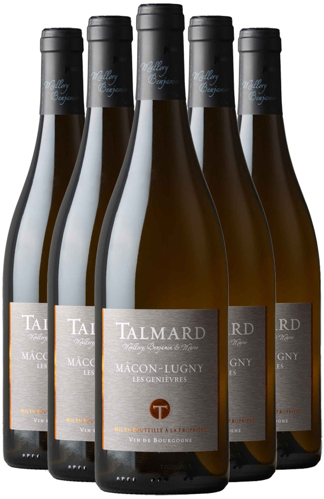 Six bottles of Cave Mallory Talmard Mâcon-Lugny Les Genièvres White Wine on a white background