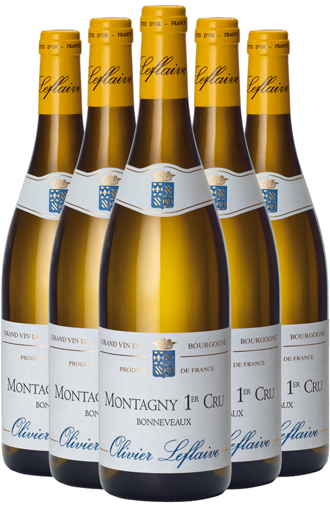 5 bottles of Olivier Leflaive Montagny 1er Cru Bonneveaux on a white background