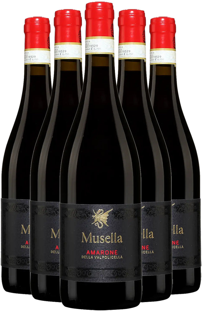 Six bottles of Musella Amarone della Valpolicella wine with red bottle caps on a white background.