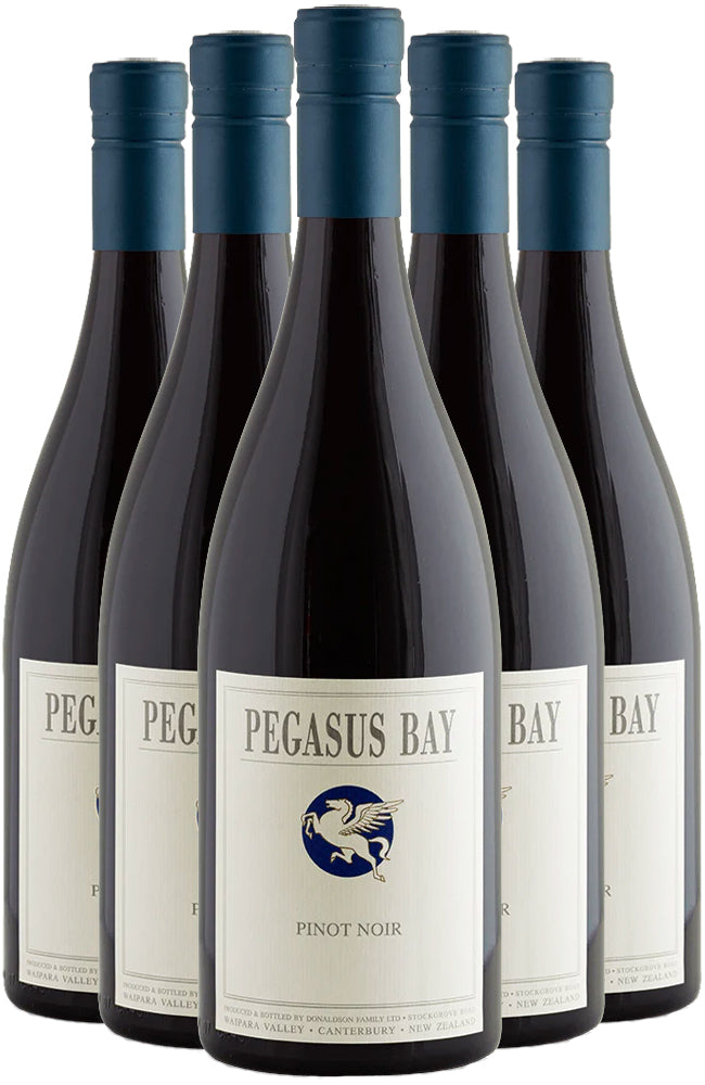 Six bottles of Pegasus Bay Pinot Noir wine on a white background