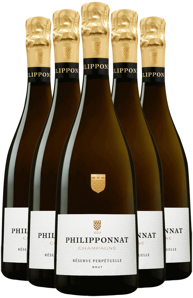 Five bottles of Philipponnat Reserve Perpetuelle champagne on a white background