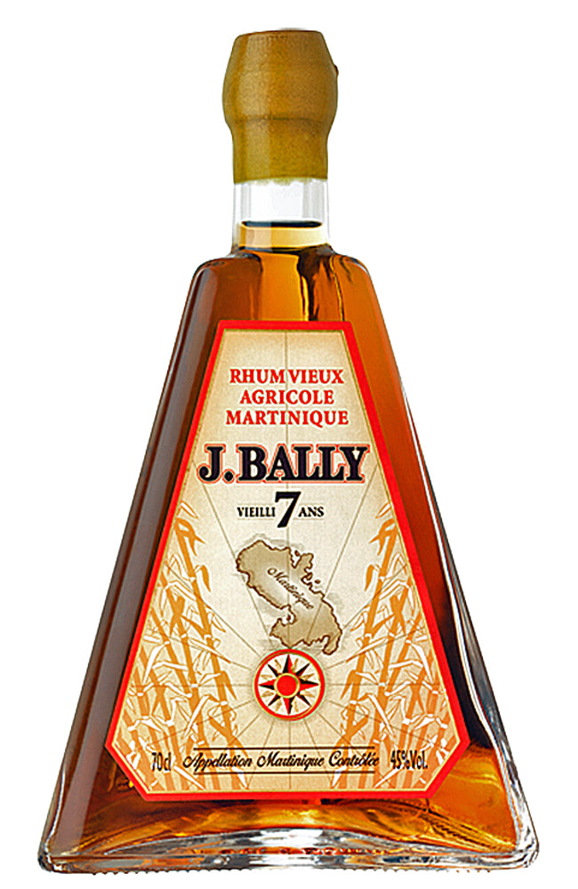 Bottle of J. Bally Vieux 7 Ans Rum with a triangular label on a white background