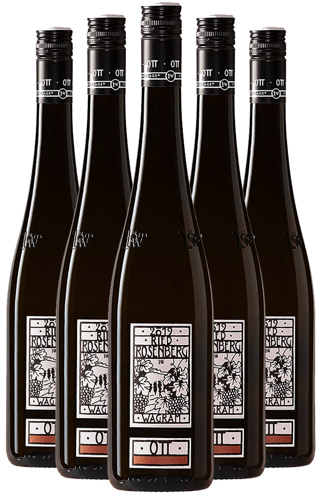 Six Bottles of OTT Grüner Veltliner Ried Rosenberg 1ÖTW Feuersbrunn on a white background