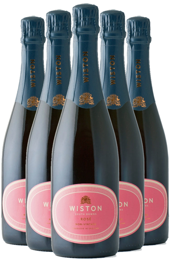 Six bottles of Wiston Estate Rosé NV sparkling wine on a white background