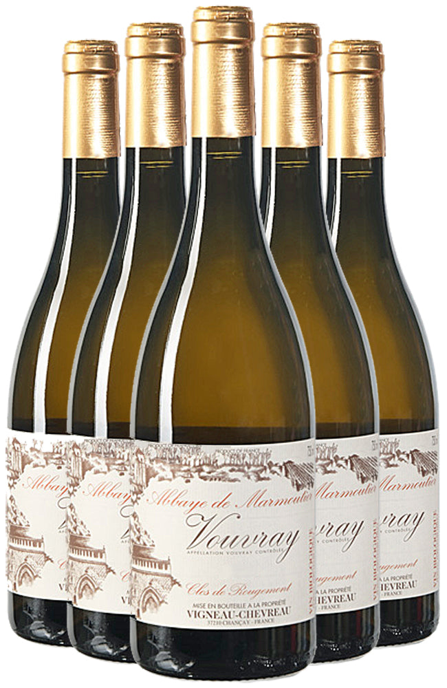 Six bottles of Vigneau-Chevreau 'Clos de Rougemont' Vouvray Sec on a white backgrund