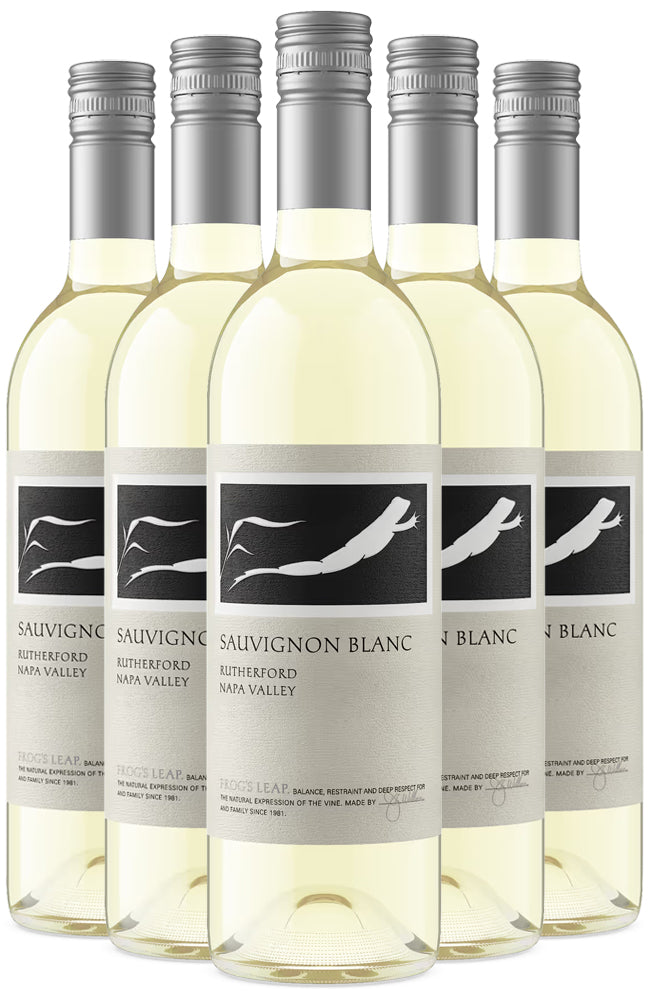 5 Bottles of Frog's Leap Sauvignon Blanc Californian White Wine on a white background