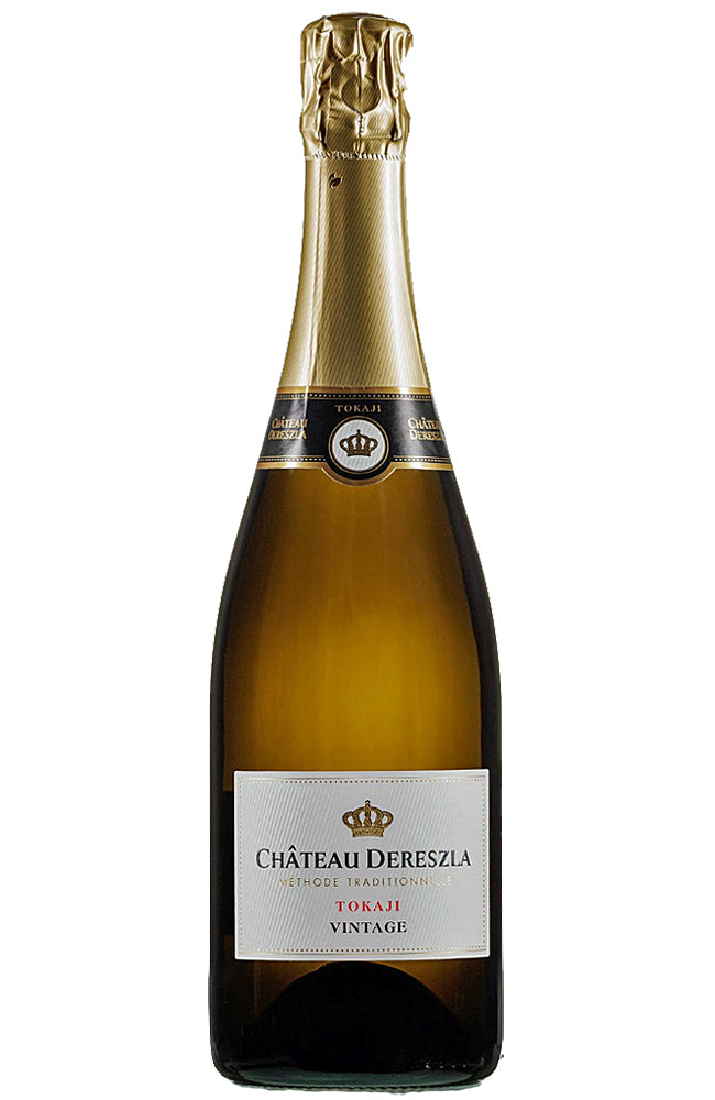 Bottle of Chateau Dereszla Vintage Sparkling Brut 2020 from the Tokaj region of Hungary, photographed on a clean white background