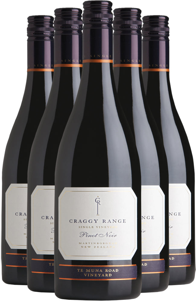 Six Bottles of Craggy Range Te Muna Road Vineyard Pinot Noir Bottle on a white background