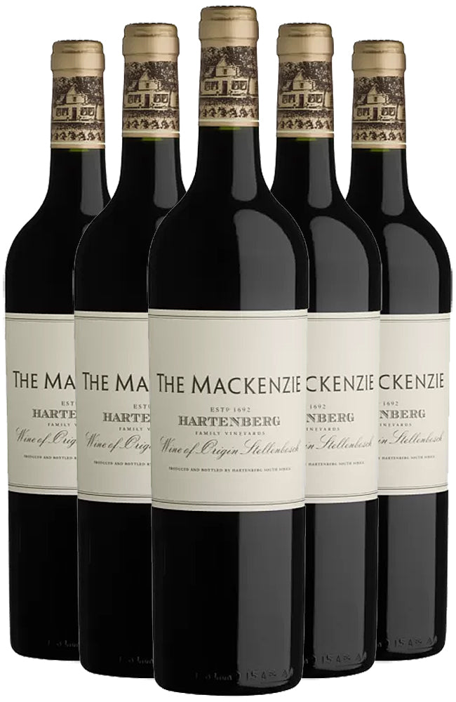 5 bottles of Hartenberg The Mackenzie Bordeaux Blend Red Wine on a White Background