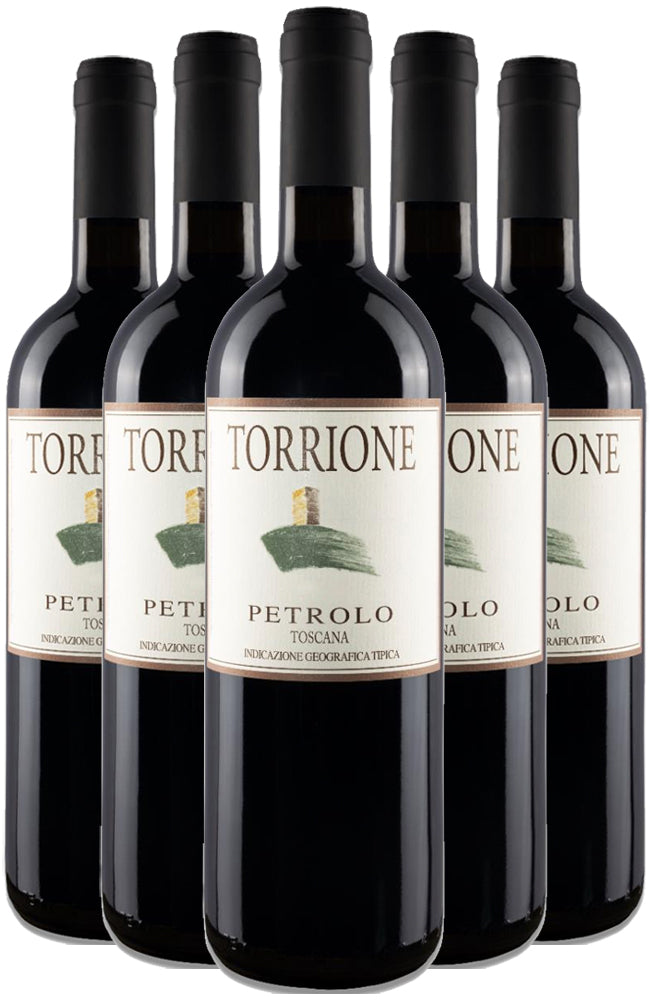 Six bottles of Torrione Petrolo wine on a white background