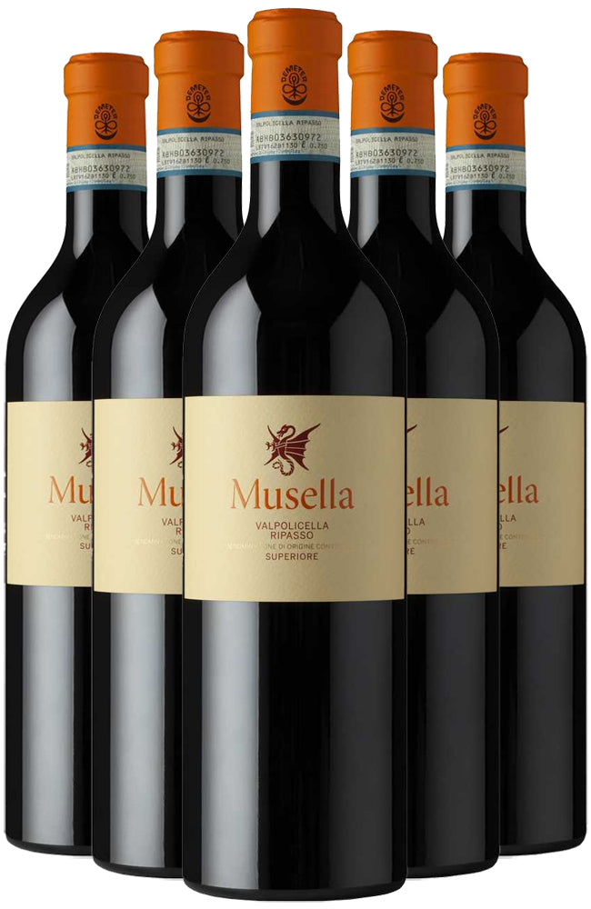 Six bottles of Musella Valpolicella Ripasso Superiore wine on a white background