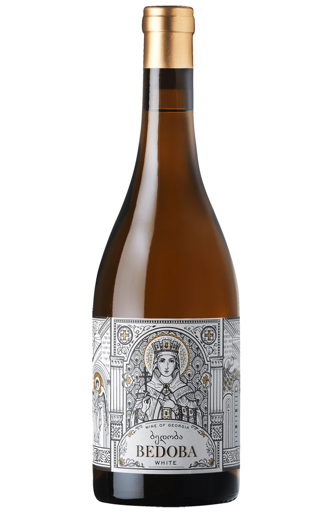 Bedoba White Wine bottle with decorative label on a white background