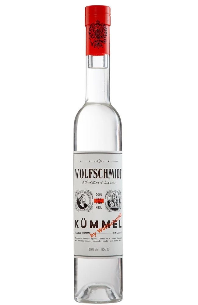Wolfschmidt Kümmel bottle with a red cap on a white background